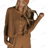 Дамски ежедневен моден комплект с V-образно деколте и дълъг ръкав, 4цвята - 023, снимка 11 - Комплекти - 39920238