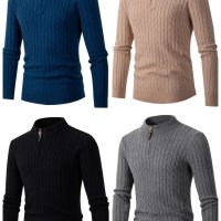 Мъжки моден трикотажен пуловер с дълъг ръкав и полувисока яка с цип, 4цвята - 023, снимка 1 - Пуловери - 42708061