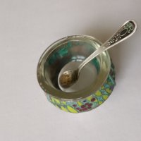 Винтидж руска мелхиорна с  емайлирана за сол   с лъжица, снимка 10 - Антикварни и старинни предмети - 42087417
