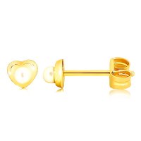Обеци, изработени от жълто 9К злато - малко лъскаво сърце, кръгла перла, снимка 3 - Обеци - 44225997