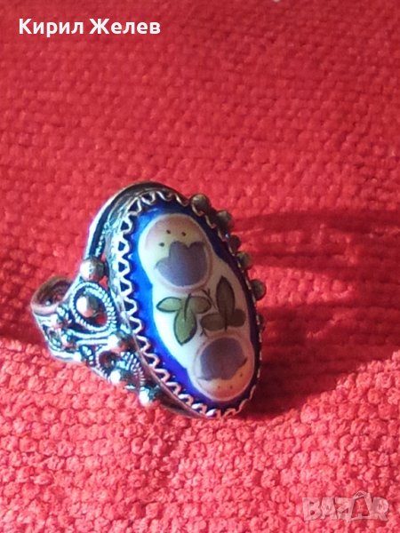 СТАРИНЕН СРЕБЪРЕН ПРЪСТЕН ФИЛИГРАННО СРЕБРО с ГРАНУЛАЦИЯ и РЪЧНО РИСУВАН ПОРЦЕЛАН БИЖУ УНИКАТ 25119, снимка 1