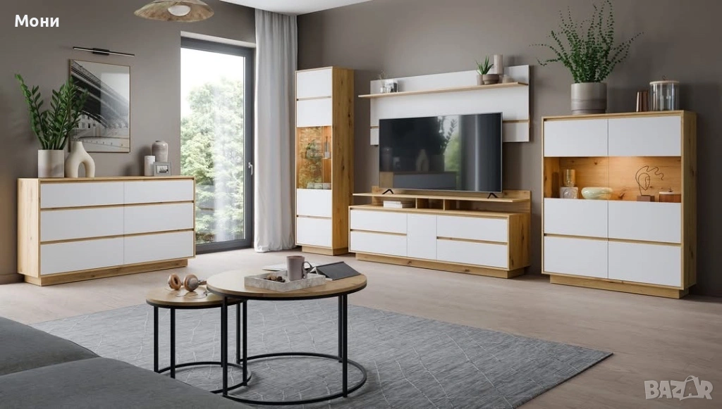 Витрина FOGGIA FOGV02 WIT2D дъб артисан/алпийско бяло   Материал - ЛПДЧ 16мм, кант ABS 0.5мм, витрин, снимка 1