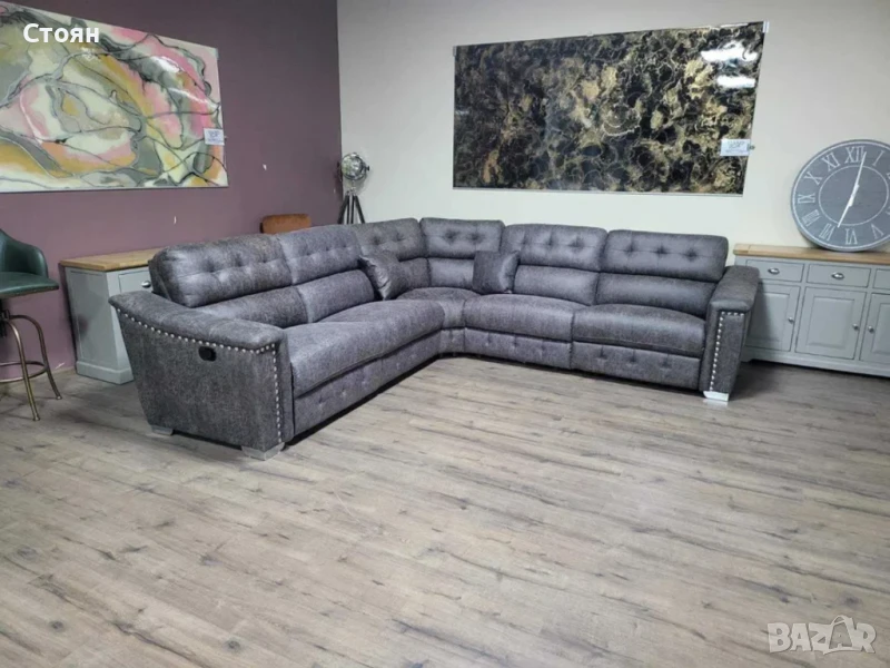 Кафяв ъглов диван от плат La-z-boy с ръчен релаксиращ механизъм, снимка 1