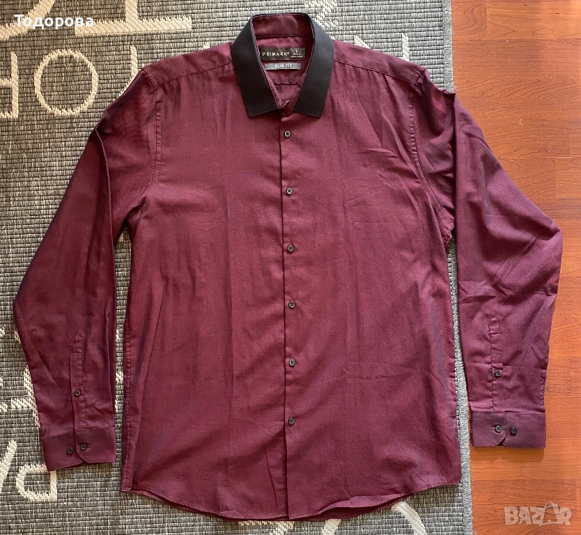 Мъжка риза Бордо с черна яка, slim fit, снимка 1
