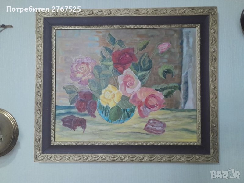53х63см Стара Картина на платно рисувана с маслени бои цветя, снимка 1