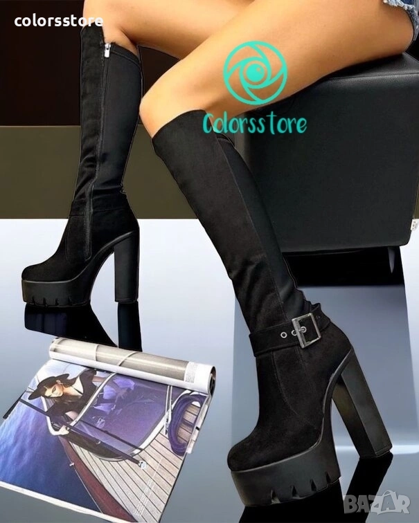 Ботуши на ток - черен велур - 105-19, снимка 1