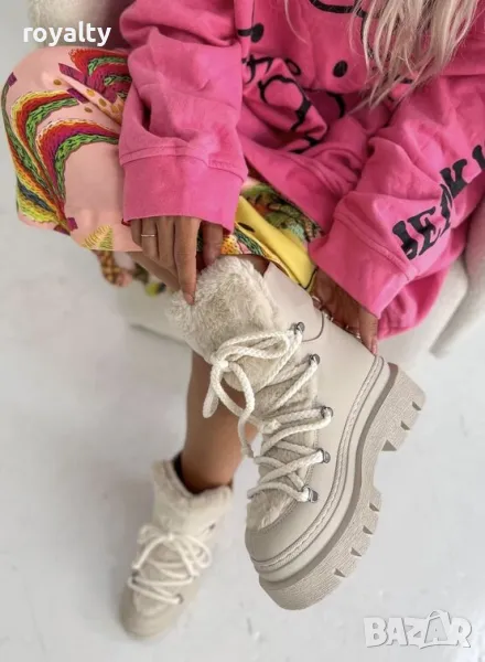 Боти на платформа - бежова кожа с бежов пух - BPUH1, снимка 1