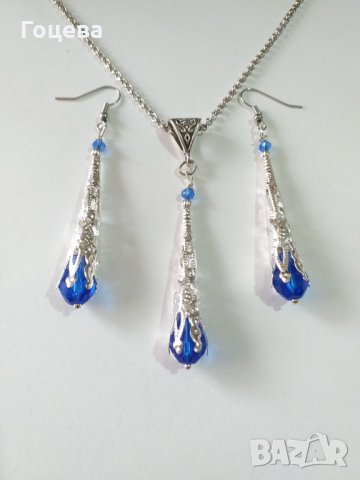 Великолепен комплект Викториански стил с кристали в кралско синьо и орнаменти в цвят Сребро 