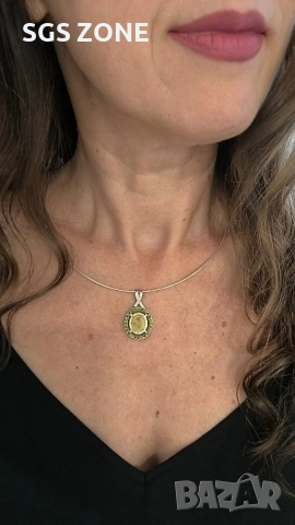 ЛУКСОЗЕН СРЕБЪРЕН ВИСУЛКА С ЖЪЛТ САПФИР, ОБГРАДЕН С ПЕРИДОТ ОТ ТАЙЛАНД, снимка 4 - Колиета, медальони, синджири - 52316723