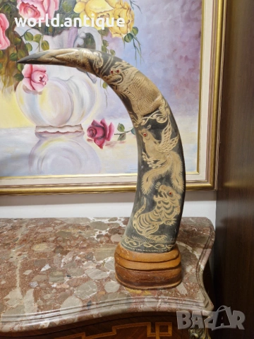 Чифт страхотни антикварни рогове ръчно гравирани , снимка 4 - Антикварни и старинни предмети - 53139393