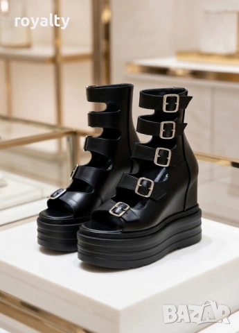 Летни боти на платформа - черна кожа