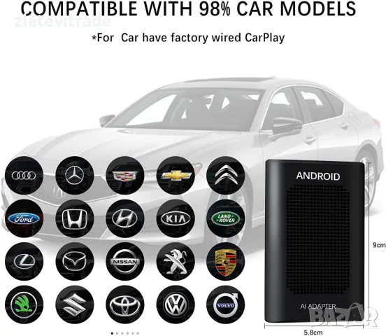 AI BOX ADAPTER ANDROID 10 8-4-64 БЕЗЖИЧЕН CARPLAY YOUTUBE, WAZE, NETFLIX,9347B, снимка 2 - Навигация за кола - 47457357