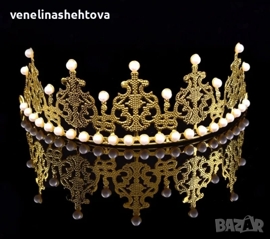 Голяма корона тиара злятист сребрист цвят с перли за декорация на торта , снимка 4 - Други - 53108813