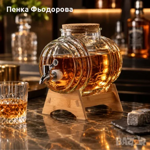 Стъклено буре с кранче 3L и дървена стойка – Стилно сервиране на напитки, идеален подарък