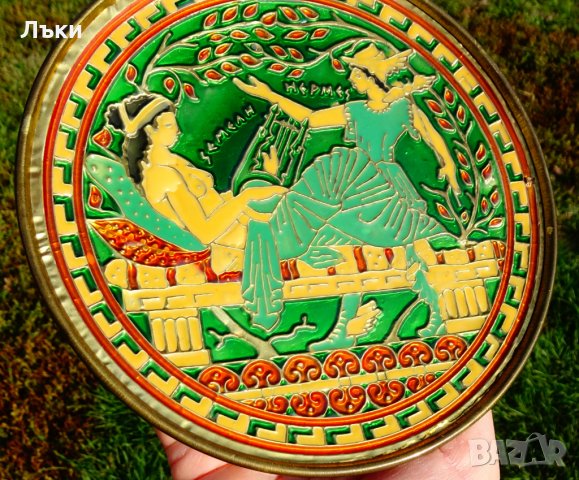 Бронзова чиния,пано с Хермес,емайли Клоазон. , снимка 3 - Антикварни и старинни предмети - 30563316