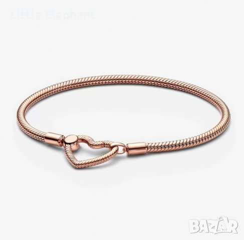 Сребърна гривна Пандора,"Отвори сърцето си"змийска плетка със закопчалка сърце,Rose Gold,19 см/нова