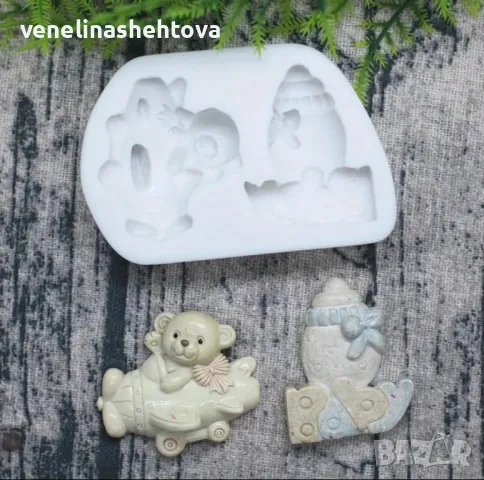 Мече със самолет шише с надпис baby Силиконов молд фондан за украса на торта шоколад , снимка 3 - Форми - 49999014