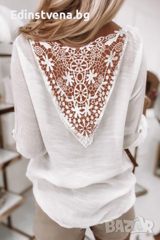 Дамска блуза в бяло с ефектен гръб с бродерия, снимка 1 - Блузи с дълъг ръкав и пуловери - 42781521