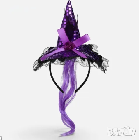 Halloween диадема с шапка на вещица и лилава коса - 14cm