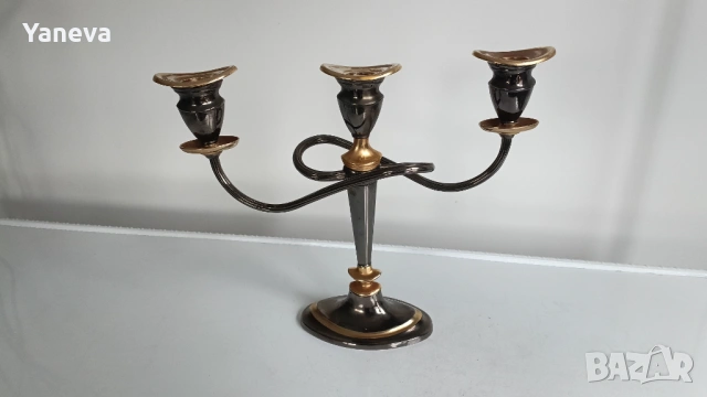 Vintage , метален, немски свещник (канделабър) с три рамена ,  в комбинация от черен и златист цвят, снимка 5 - Декорация за дома - 53904902