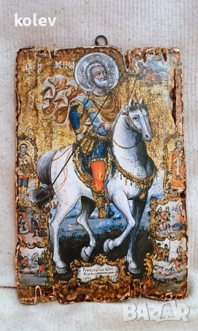 Реплика на икона Свети Мина на кон със светци 30/20 см - УНИКАТ, декупаж, 110 лв, снимка 2 - Икони - 37177568