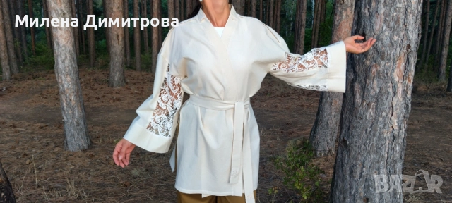 Ленено кимоно / Кимоно от американ и дантела ръчна изработка , снимка 12 - Сака - 48845116