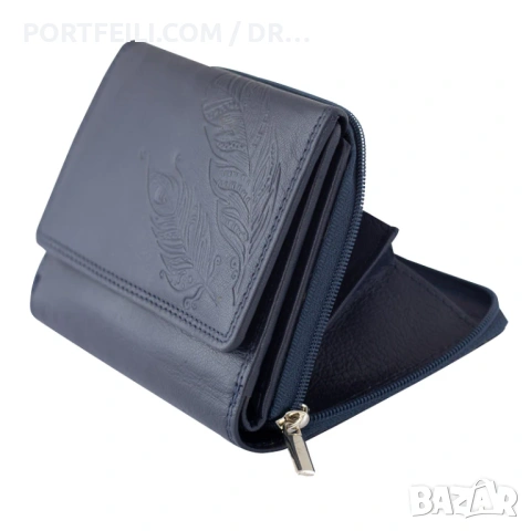 Портмоне Friedrich, Eстествена козя кожа, RFID защита, перо, тъмосиньо