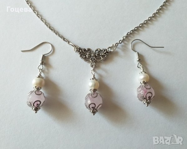 Прелестно нежен комплект с истински перли и камъни Розов кварц - камъкът на Любовта !, снимка 3 - Бижутерийни комплекти - 31998356