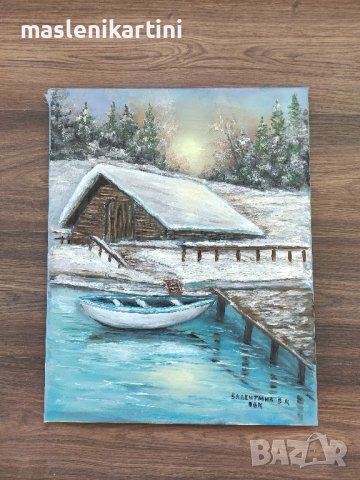 Зимен пейзаж с къща маслена картина , снимка 2 - Картини - 42887995