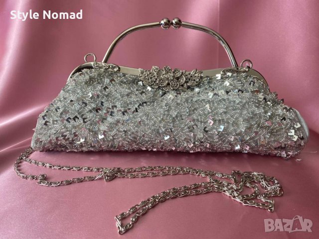 Сребриста дамска чанта с пайети -винтидж дизайн , снимка 2 - Чанти - 38192243