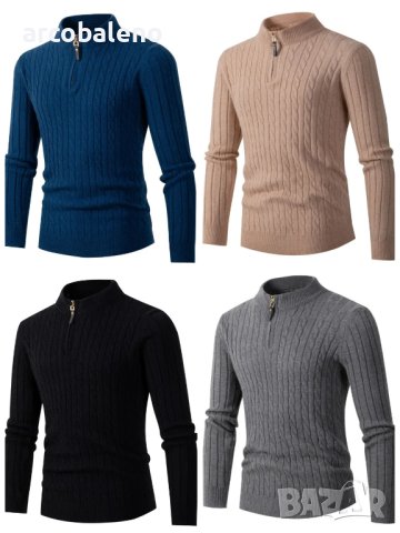 Мъжки моден трикотажен пуловер с дълъг ръкав и полувисока яка с цип, 4цвята - 023