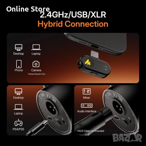 MAONO PD200W хибриден безжичен подкаст микрофон – USB, XLR, wireless, със стойка, снимка 6 - Микрофони - 54176380