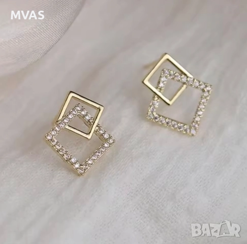 Нови дамски обеци златисти квадрати златни, снимка 2 - Обеци - 52582712