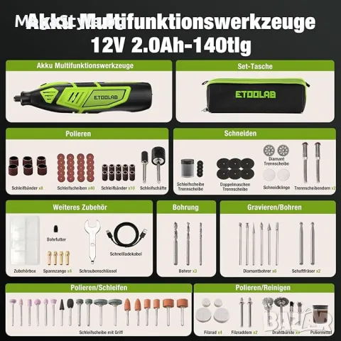 Мултифункционален ротационен инструмент ETOOLAB, 200W (Мини шлайф с 129 аксесоара), снимка 2 - Други инструменти - 55947163