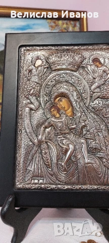 Сребърна гръцка икона Богородица с Младенеца.Проба 950.Перфектно състояние., снимка 6 - Икони - 50831864