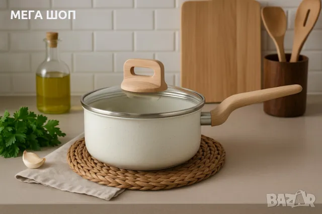 Касерола с капак Voltz Nice, 18x8.5см.\2.1л., Кован алуминий, Мраморно покр., Индукция. Кремав мелан, снимка 2 - Съдове за готвене - 50192950