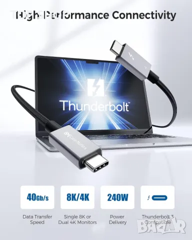 Cable Matters плетен 40Gbps Thunderbolt 4 кабел 1m черен, с 240W мощност за зареждане и 8K видео, снимка 5 - Кабели и адаптери - 49731120