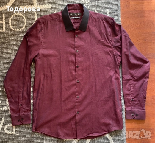 Мъжка риза Бордо с черна яка, slim fit