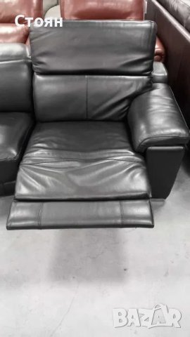 Черен кожен извит диван тройка с електрически релакс механизъм, снимка 4 - Дивани и мека мебел - 40284596