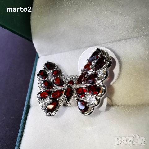 Сребърен 925 пръстен - Пеперуда с Родиево покритие и Натурални Гранати и Циркони!, снимка 8 - Пръстени - 44698842