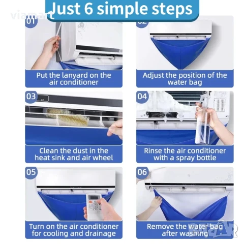 Калъф за почистване на климатик, 90 см, Водоустойчив PVC, За вътрешно тяло без демонтаж, Син, снимка 5 - Други - 51228552