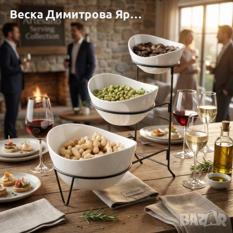 Комплект 3 керамични купи за ядки на три нива с метална стойка, снимка 2 - Сервизи - 53929369