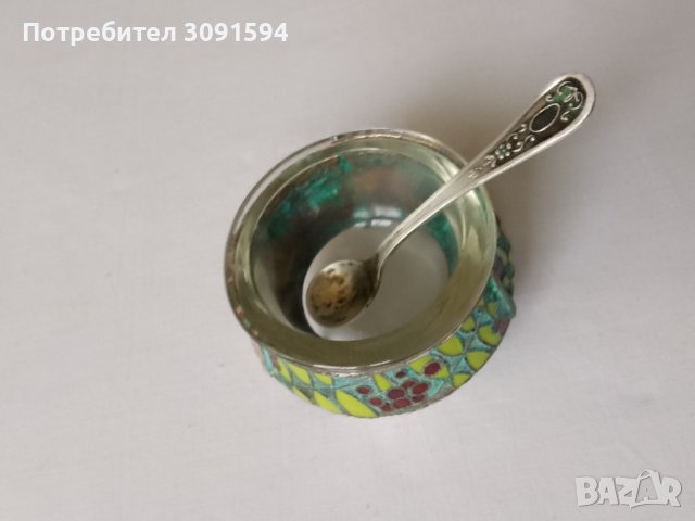 Винтидж руска мелхиорна с  емайлирана за сол   с лъжица, снимка 10 - Антикварни и старинни предмети - 42087417