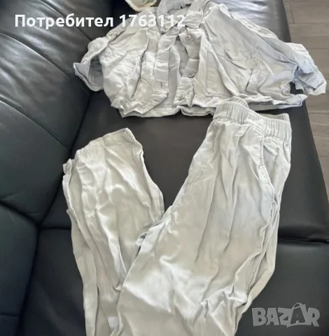 Zara дамски комплект от две части - риза и панталон, сив, лен и лиосел, размер Xs