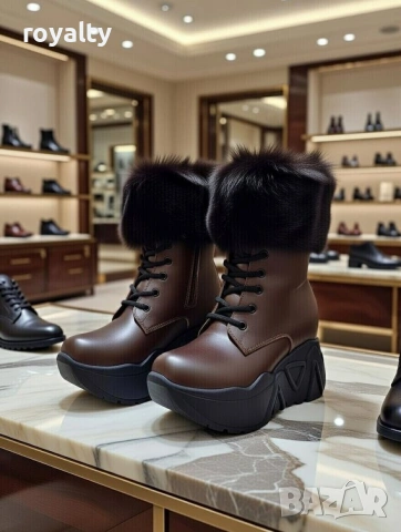 Боти на платформа - кафява кожа с черен пух и черно ходило, снимка 2 - Дамски боти - 53193715