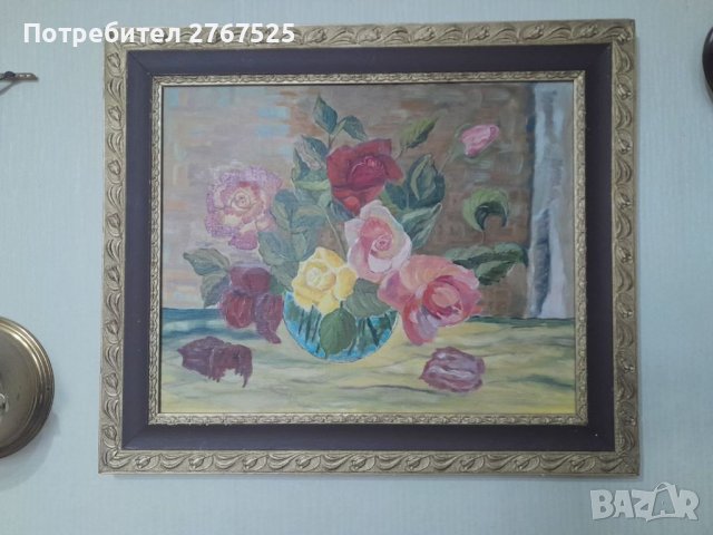 53х63см Стара Картина на платно рисувана с маслени бои цветя