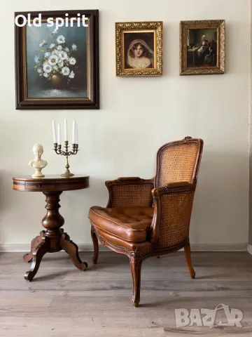 Антикварно кресло в стил Луи XV с ратанова облегалка и подлакътници, снимка 2 - Антикварни и старинни предмети - 48090458