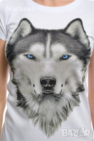 Нова дамска тениска с дигитален печат Хъски със сини очи, снимка 2 - Тениски - 29964751