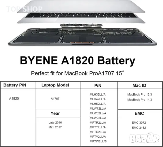 A1820 A1707 Батерия за лаптоп за Macbook pro 15" A1707 края на 2016 средата на 2017 EMC 3162 3072, снимка 5 - Батерии за лаптопи - 49419821