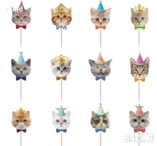 Коте Котка Happy Birthday картонен топер 12 бр топери украса декор парти рожден ден торта мъфини, снимка 10 - Други - 51394601